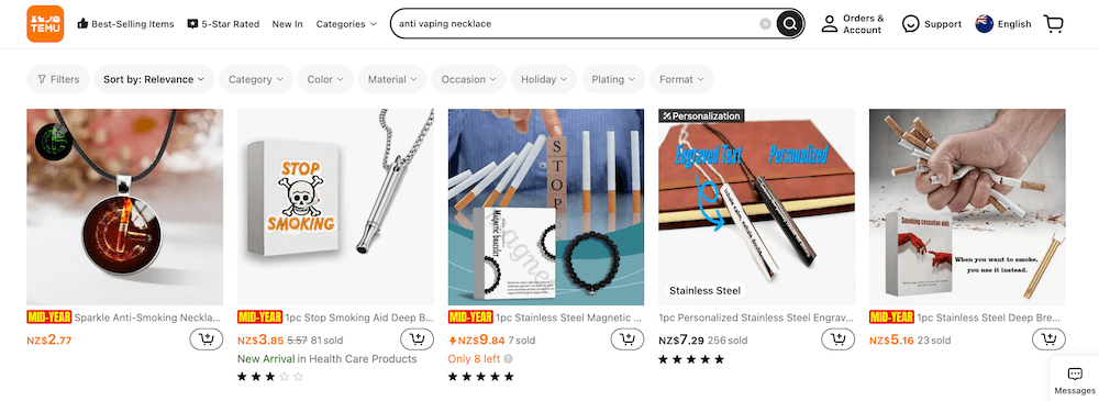 a product photo a temu website page with various chaotically named imageds of small silver whistles to stop smoking